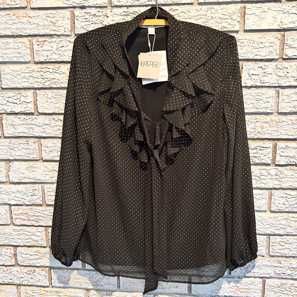Kasper Womens Black Gold Metallic Polka Dot Ruffle Tie Neck Blouse Small NWT